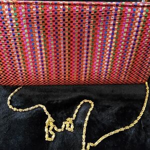 Vibrant Multicolor Woven Clutch with Gold Chain